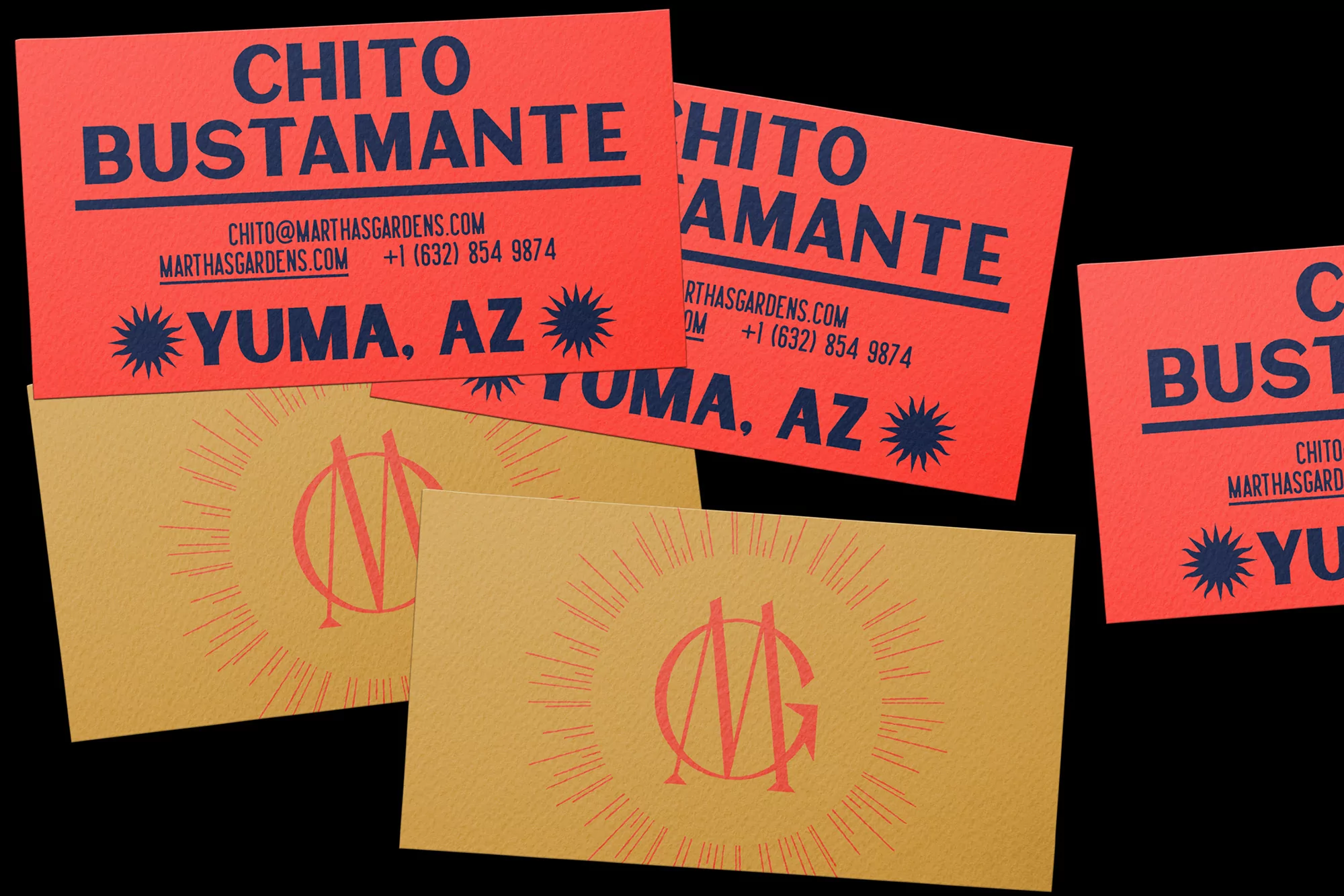 Close-up of business cards featuring the name Chito Bustamante, contact information, and a golden sunburst logo for Martha's Gardens.