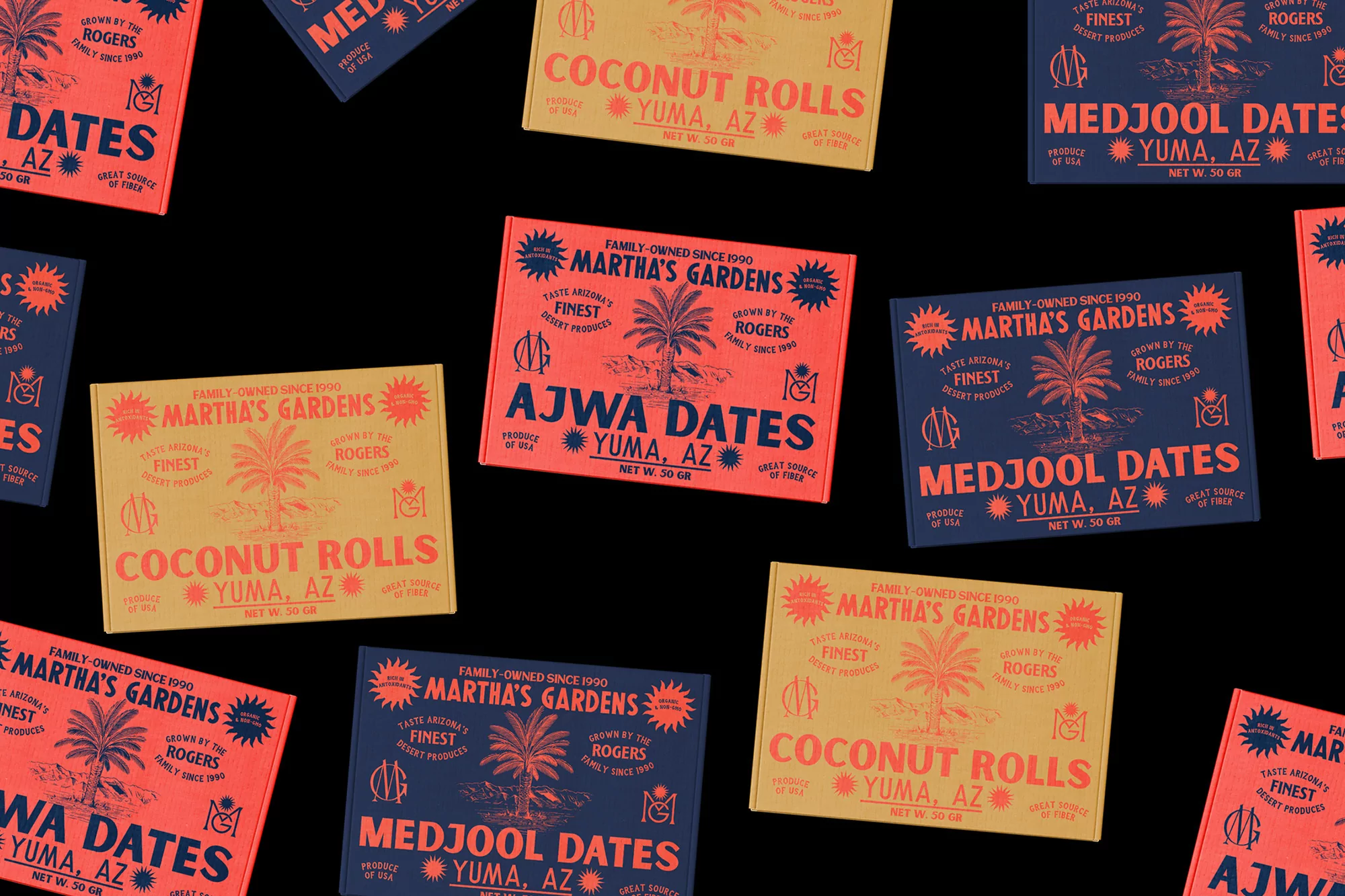 Collection of Martha's Garden date and coconut roll boxes. Packaging in navy, coral, and tan. Retro dessert product design.