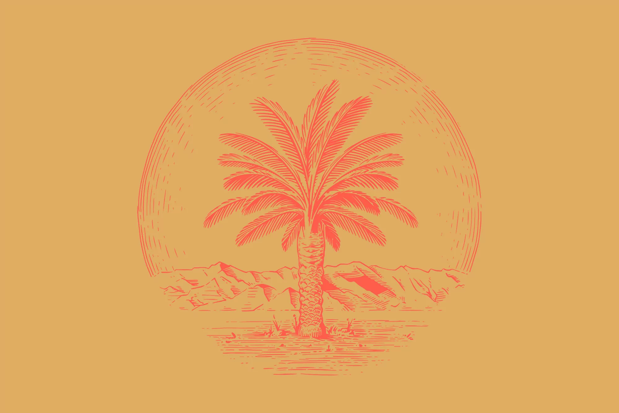 Illustration of a palm tree in a desert landscape within a circle, rendered in orange line art on a light orange background.