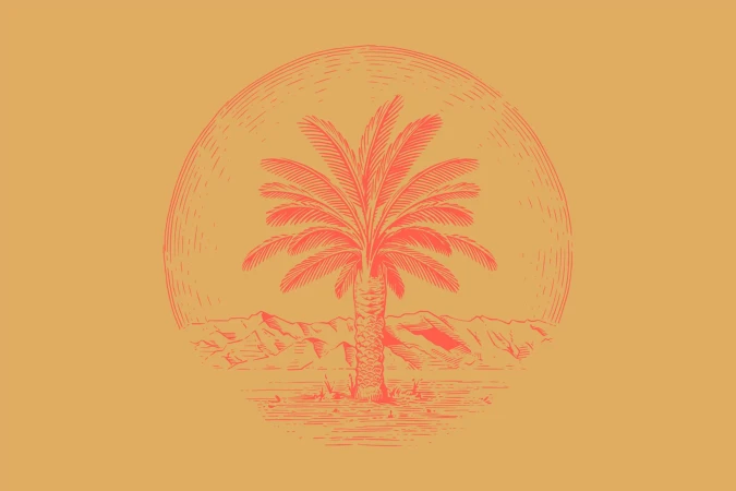 Illustration of a palm tree in a desert landscape within a circle, rendered in orange line art on a light orange background.