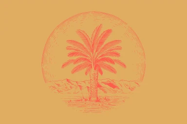 Orange-toned graphic illustration of a palm tree inside a sunburst circle with distant mountains on a solid ochre background.