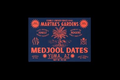 Product packaging design for Martha's Gardens Medjool Dates featuring a central palm tree illustration and red typography on a blue background