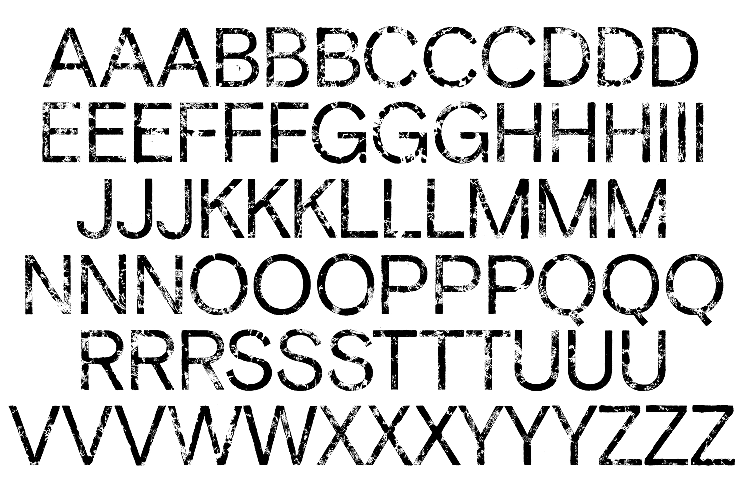 Alphabet letters A through Z displayed in a grid format with a distressed, textured effect on a white background.