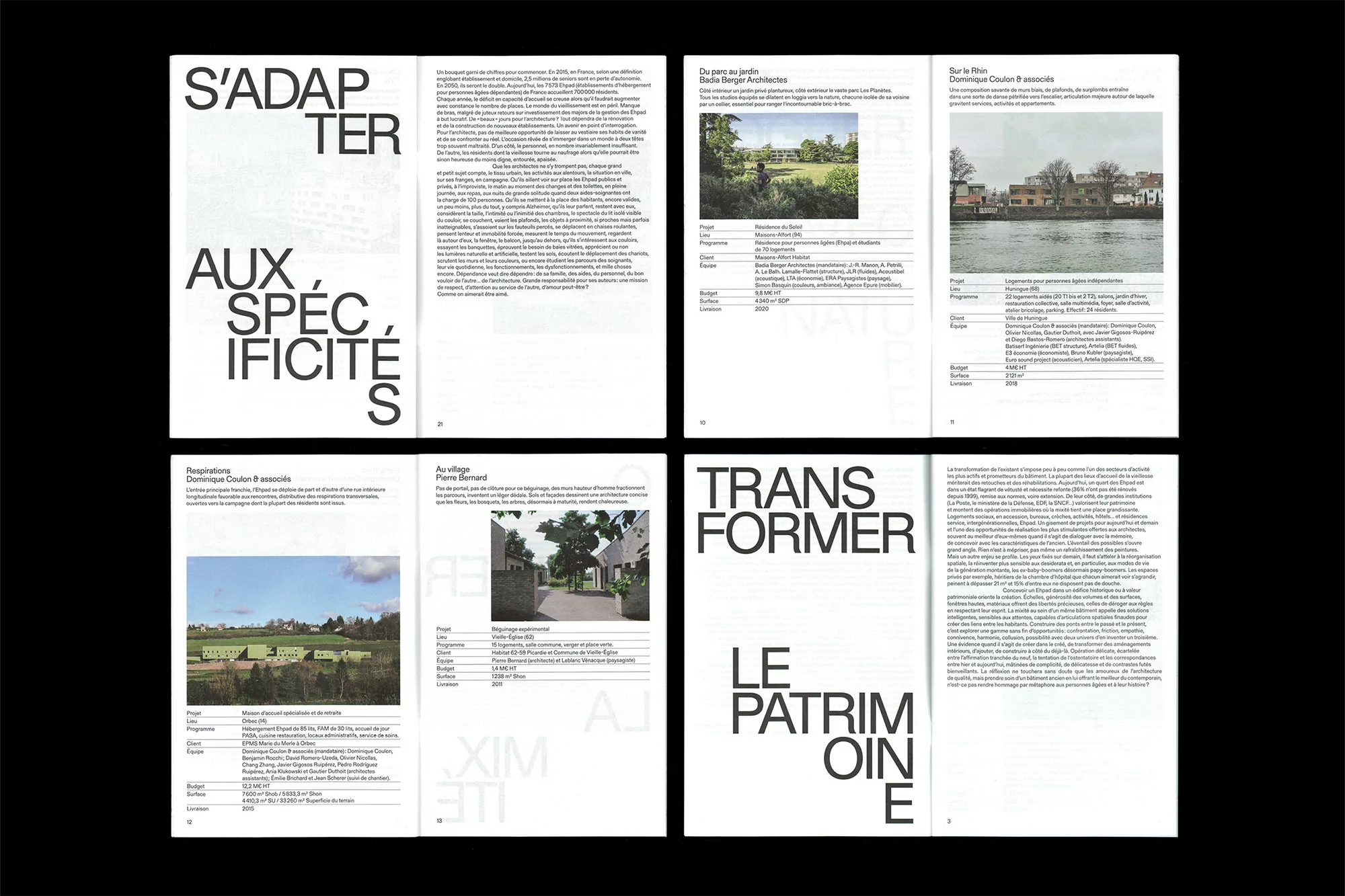 Architecture and design publication spread featuring project details, text layouts, and environmental photography with a black background.