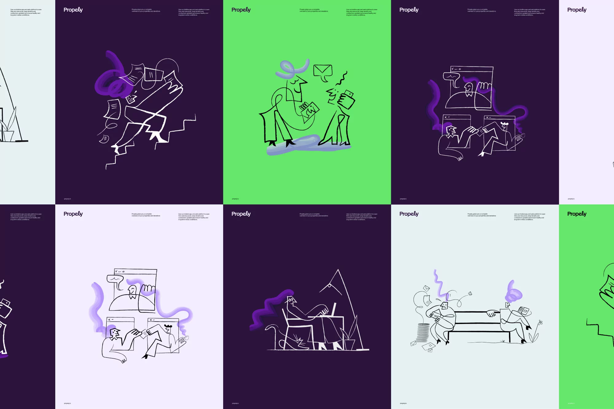 Collection of illustrated posters with linear figures interacting with technology, set against various monochrome backgrounds.