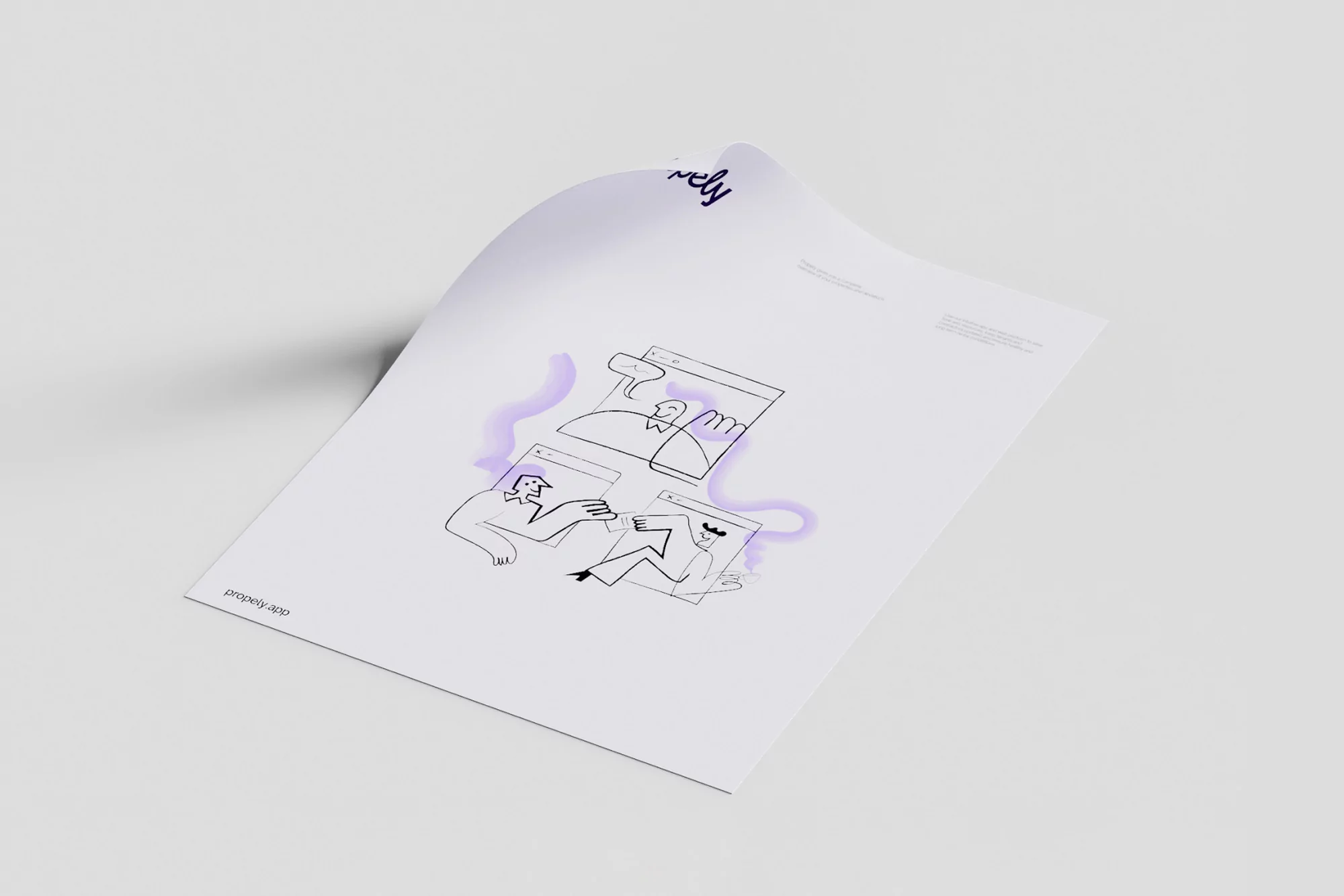 Digital illustration of three people video conferencing on laptops, depicted on a white flyer with purple accents, promoting property app.