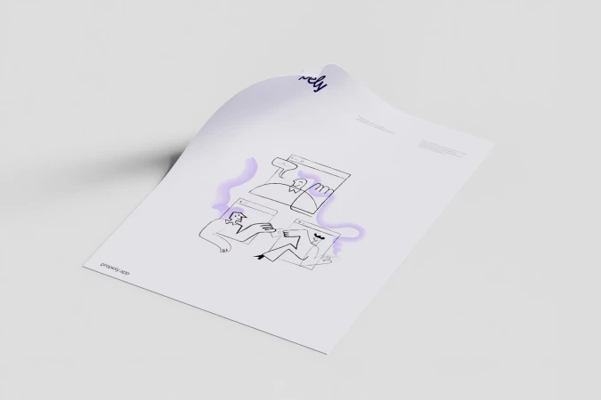 Digital illustration of three people video conferencing on laptops, depicted on a white flyer with purple accents, promoting property app.