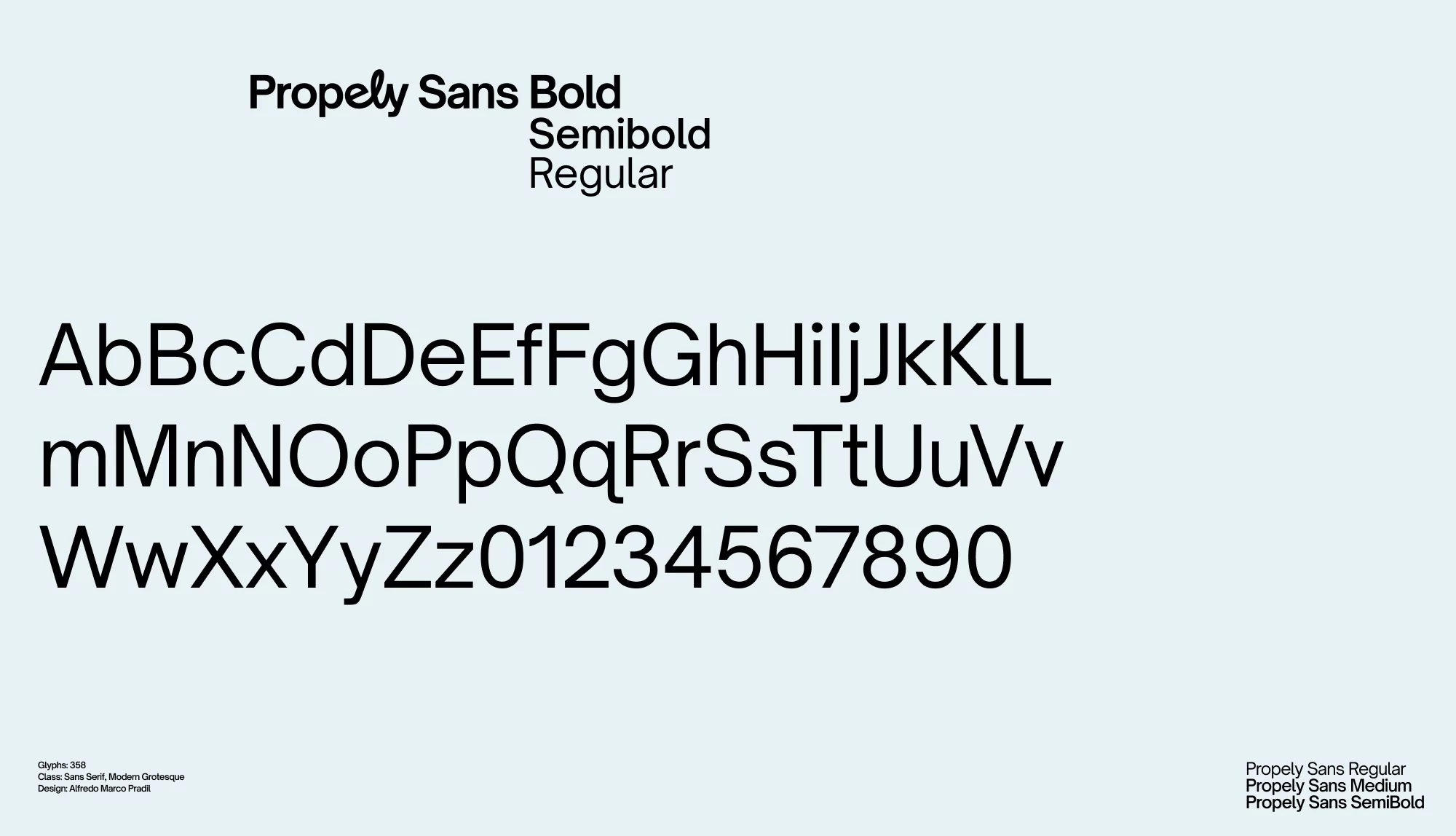 Display of the 'Properly Sans' typeface in bold, semibold, and regular weights; includes alphabet and numerals in black against light blue.