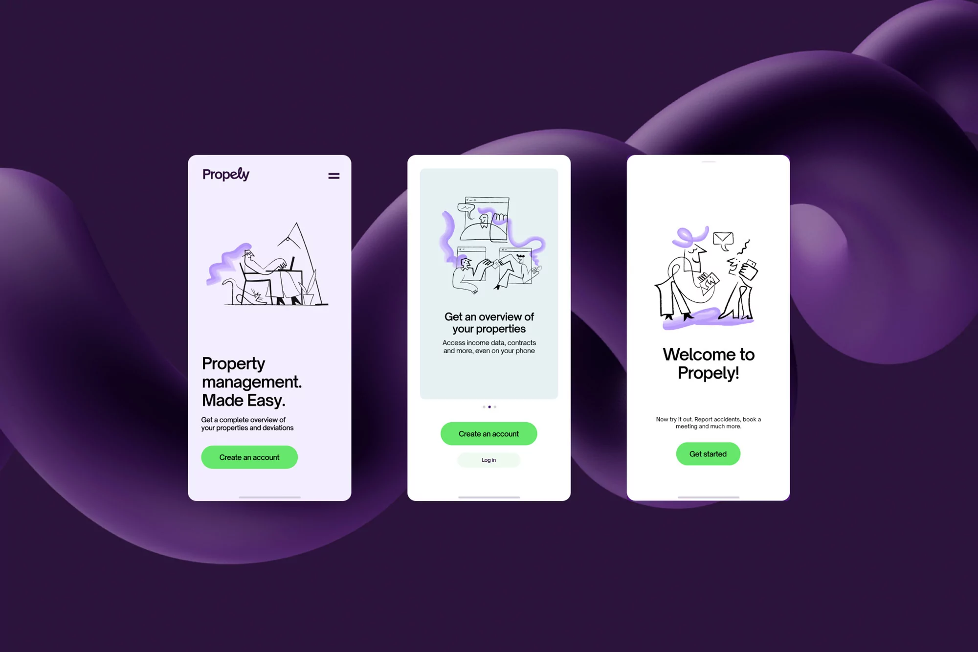 Screenshots of the Propely app, featuring illustrations and easy-to-use property management features on mobile phones against purple background.