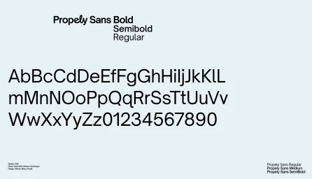 Typography specimen sheet displaying the Propely Sans font family in bold, semibold, and regular weights against a pale blue background.