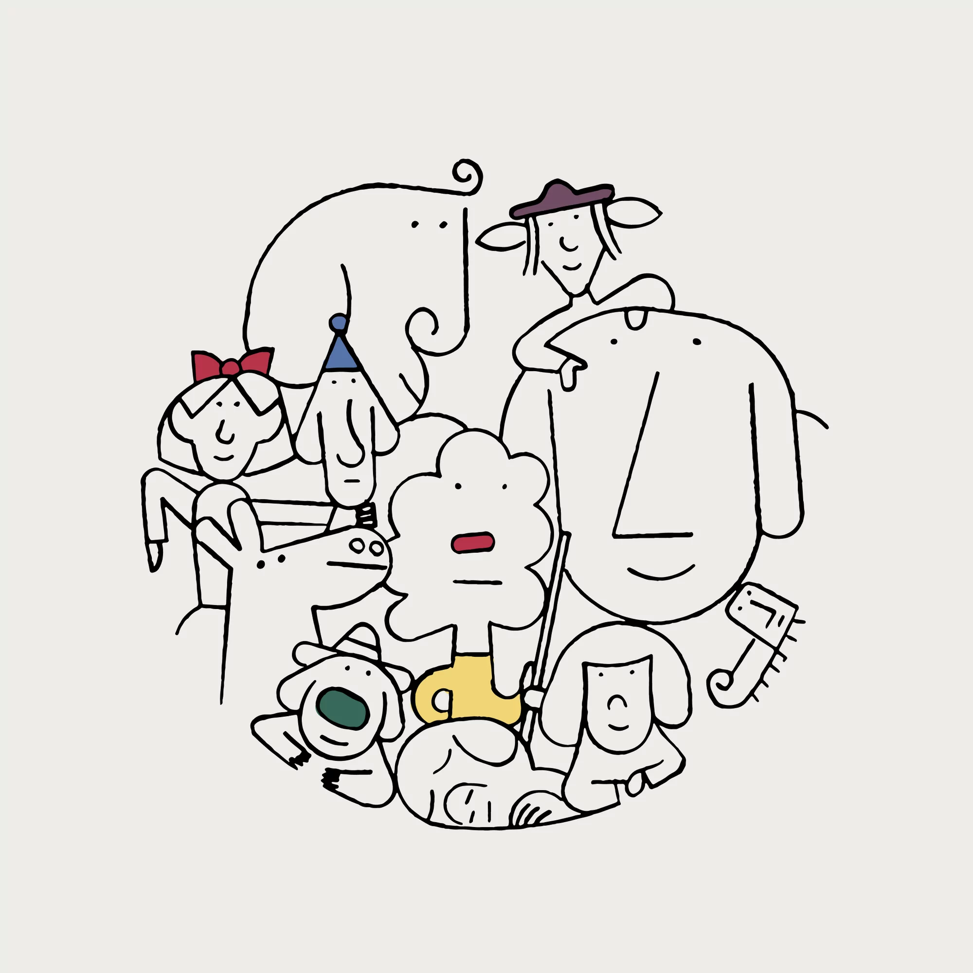 Group of whimsical cartoon characters including people and animals in a circular composition on a light background. Illustration.