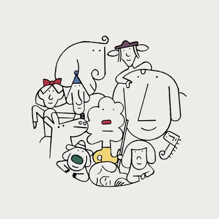 Group of whimsical cartoon characters including people and animals in a circular composition on a light background. Illustration.