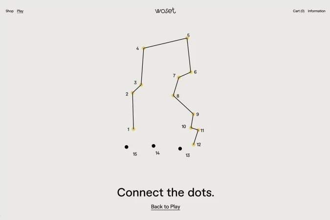 Minimalist digital art of a 'connect the dots' style game with numbered points linked by lines against a light beige background.
