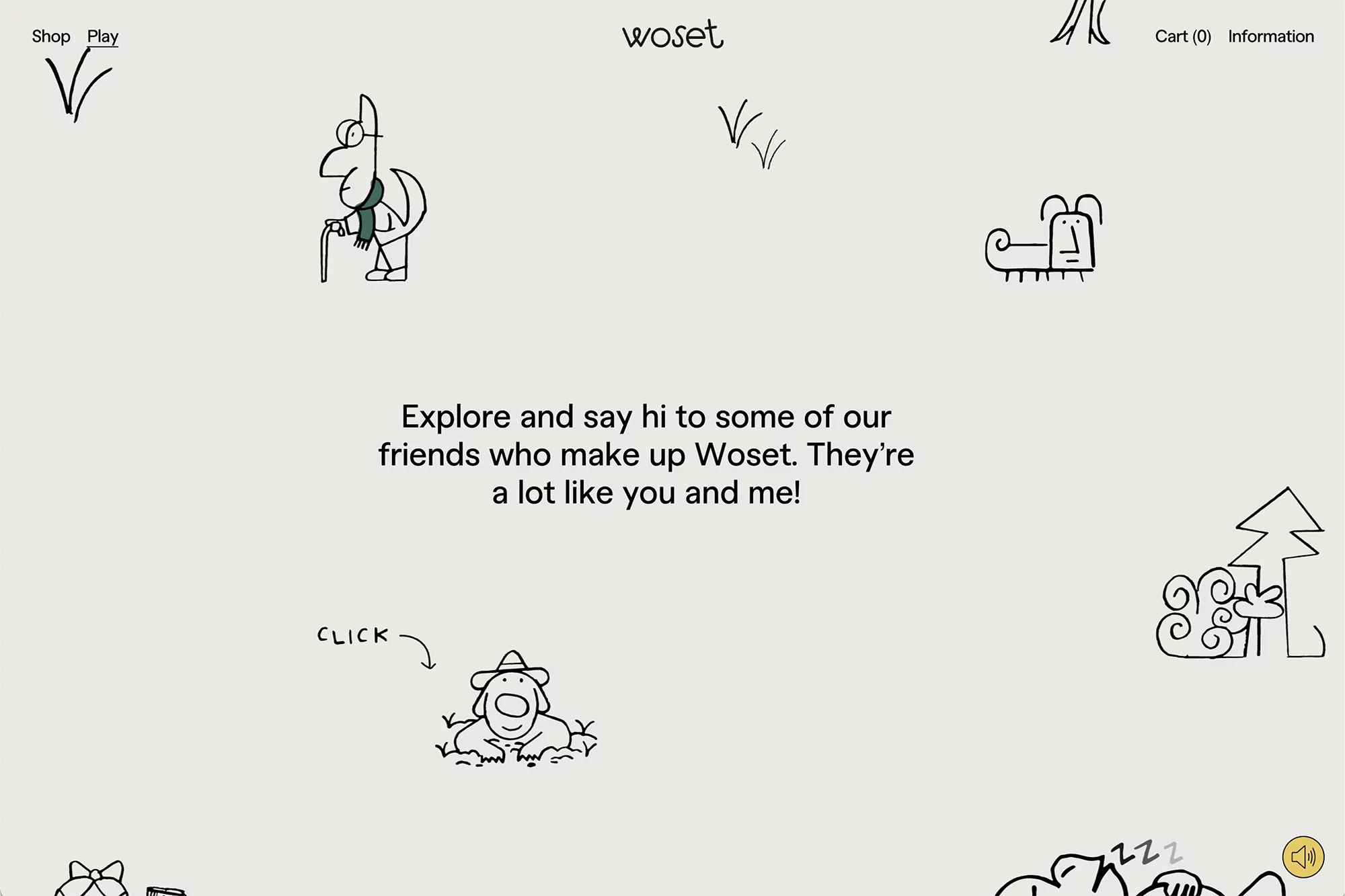 Digital illustration of cartoon animals on a webpage with text. The illustration is black lines on a white background.