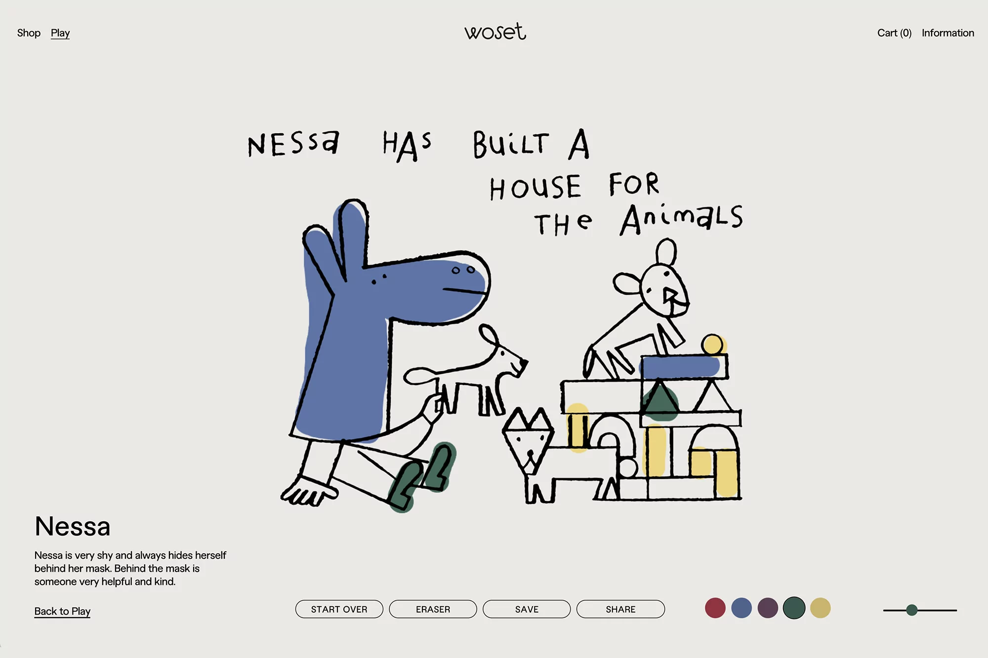 Stylized digital art shows a blue anthropomorphic animal figure, three cartoon dogs, and a block tower on a light tan background.