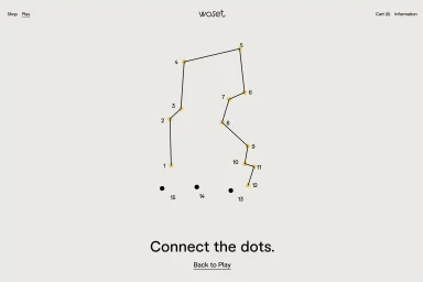 Connect the dots puzzle interface with numbered yellow dots and black tracking dots on a light grey background for Woset brand identity