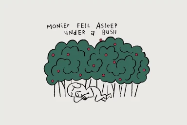 An illustrated figure sleeping beneath a green bush with red berries, accompanied by handwritten text on a light background.