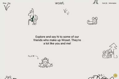 Minimalist website interface with whimsical line drawings on a pale background for brand identity