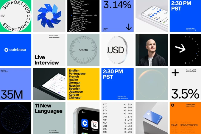 Collage with digital graphics showcasing the Coinbase platform, including statistics, text elements, and a portrait of Brian Armstrong.