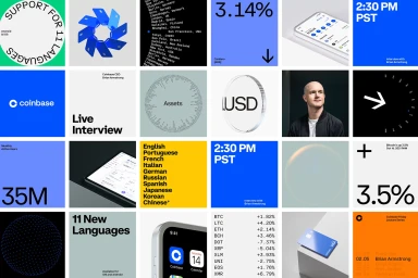 A comprehensive grid layout showcasing brand identity elements for Coinbase, featuring typography, UI designs, charts, and icons.
