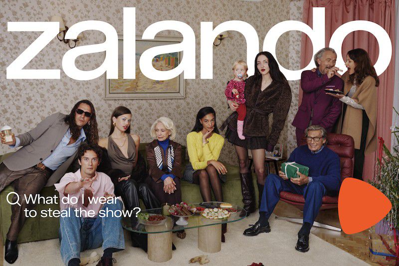 Zalando ad features group of people of mixed ages sitting and standing in an indoor setting. Zalando logo is visible at the top.