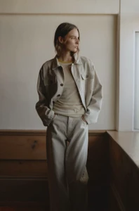 Model Tilda Lindstam in beige denim jacket and matching jeans for B Sides Jeans SS 26 campaign