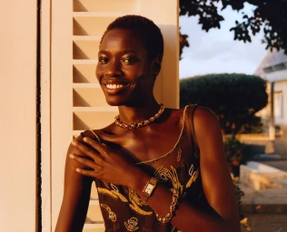 Model wearing a dark embroidered dress with gold jewelry leaning against an architectural shuttered wall at dusk.
