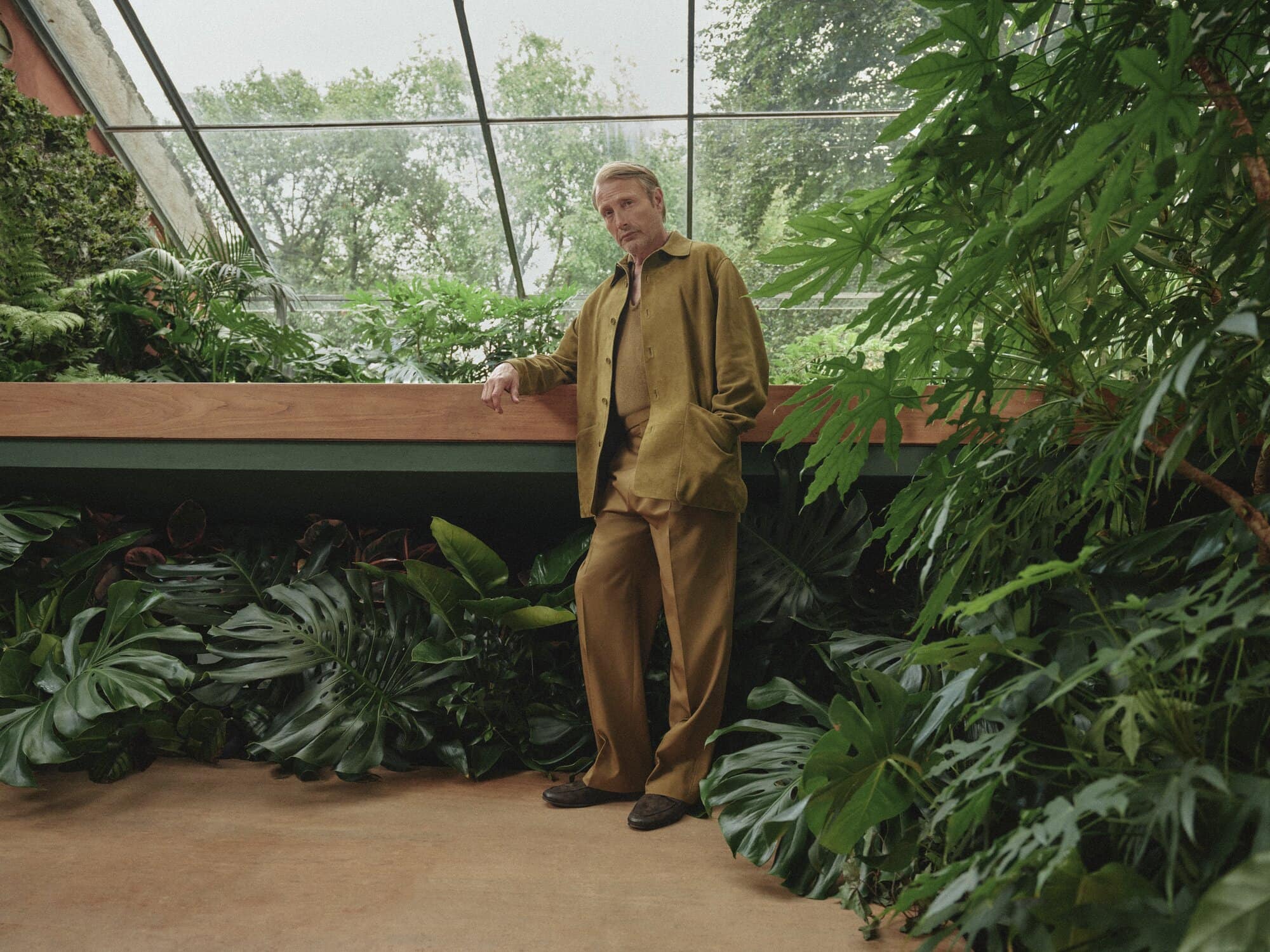 Mature blond male model in matching suit stands surrounded by large green tropical plants inside a greenhouse setting with natural light.