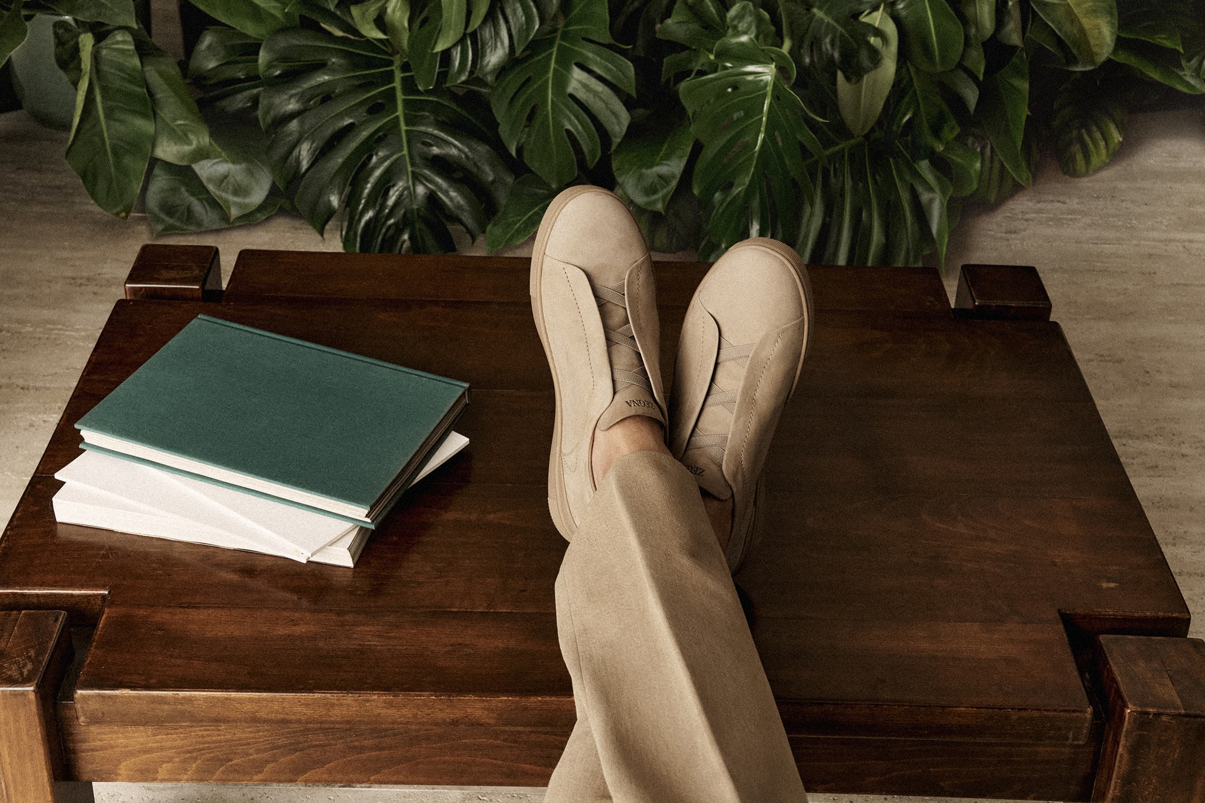 Tan casual shoes on a dark wood coffee table next to books, set against a lush green indoor plant backdrop in a natural light.