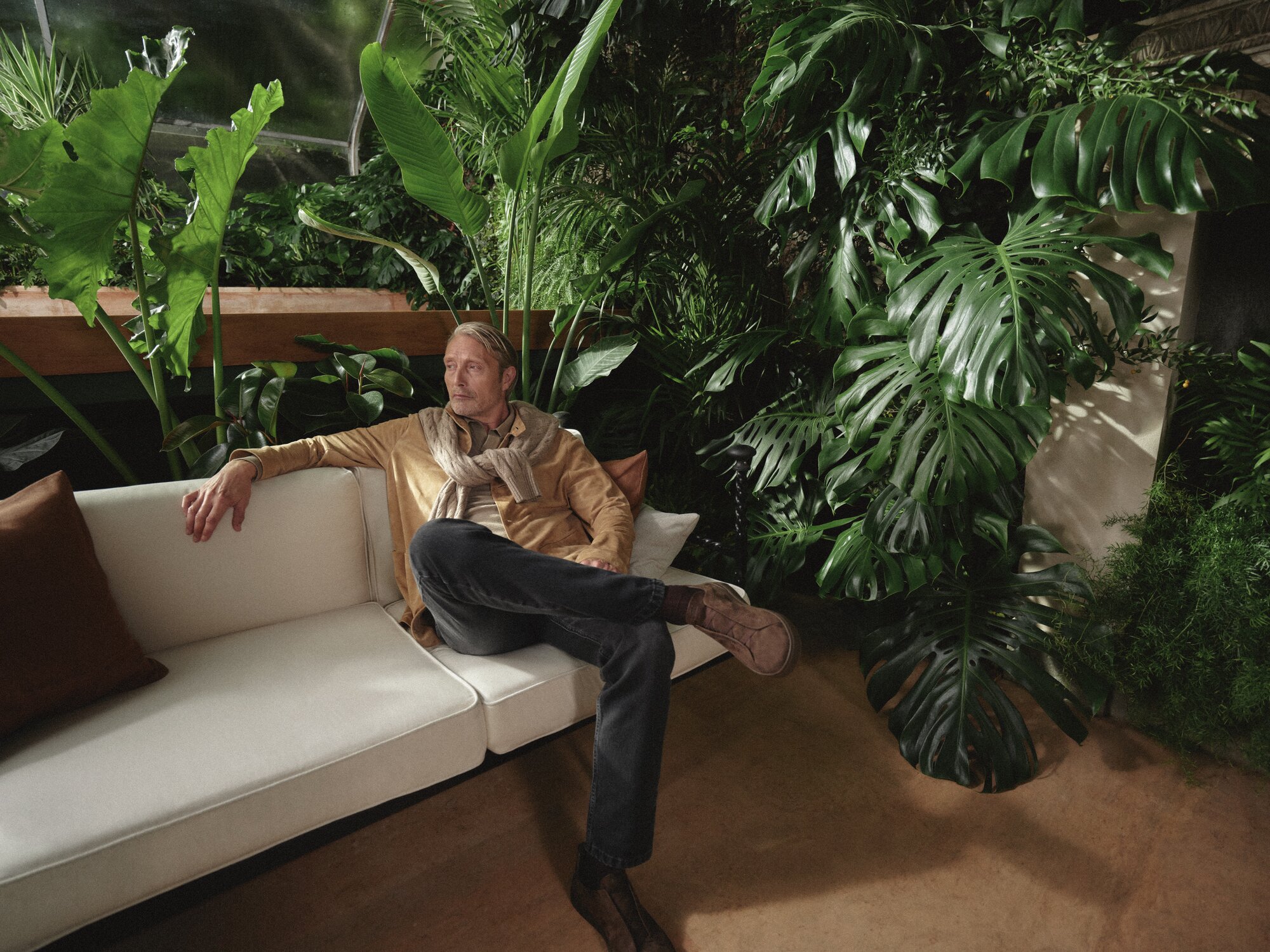 Adult male seated on a white couch, surrounded by large green plants and foliage in an indoor setting with natural light.