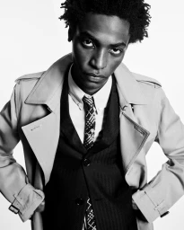 Black man wearing a beige trench coat, dark vest, white shirt and patterned tie against white background