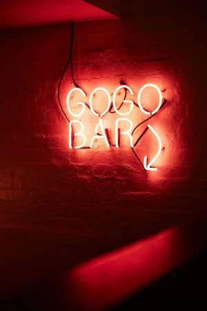 A neon sign that reads "GOGO BAR" with a downward arrow, illuminated in a dark room with a brick wall.