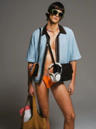 Model wearing blue knit shirt, orange briefs, sunglasses, and carrying multiple bags against a grey seamless studio backdrop.
