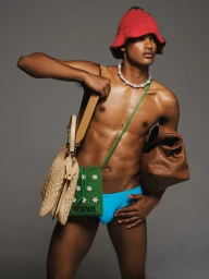Model wearing a red crochet hat, pearl necklace, blue swim briefs, and carrying multiple bags against a grey backdrop.