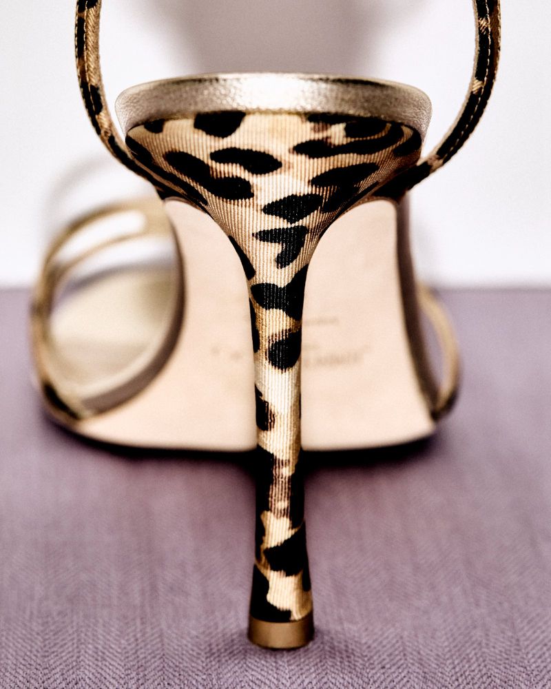 Close-up of a stylish stiletto heel featuring a leopard-print pattern and gold accents, set against a subtle purple background. Fashionable footwear.