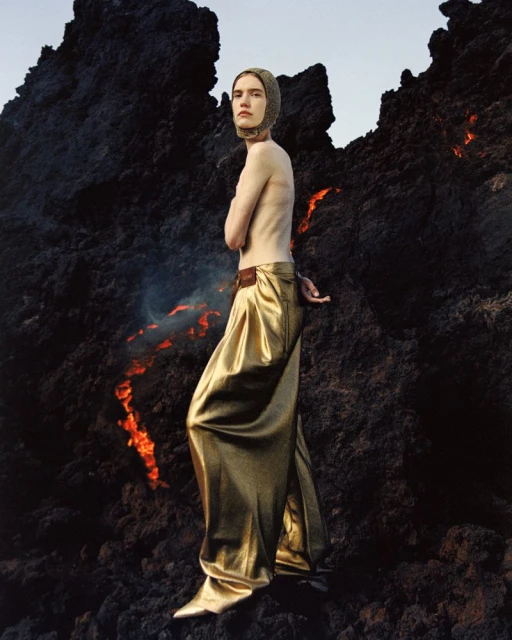 Adult fashion model poses in gold trousers on a black lava field with fire. The sky is light and the light is bright and soft.