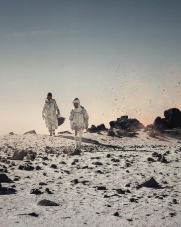 Two people in white spacesuits walk on a barren, rocky surface beneath a pale blue sky. The scene evokes a sense of exploration and isolation.