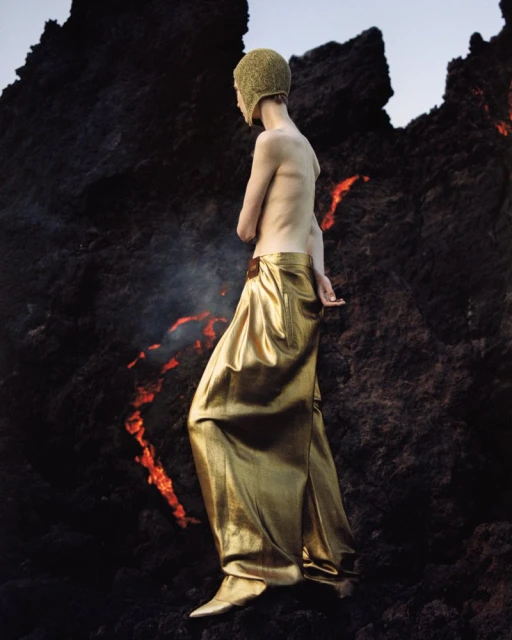 An adult wearing a gold-colored cap and long skirt walks on black lava rocks. There is smoke or steam rising from the rocks.