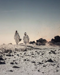 Two figures in silver protective suits walking across a barren, rocky landscape under a hazy sky