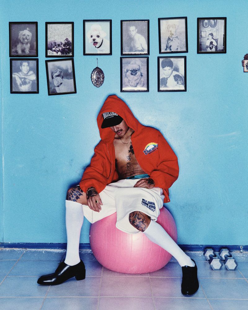An adult male with tattoos wearing a red hoodie and shorts is sitting on a pink exercise ball in an indoor setting surrounded by framed photos.