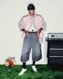 Man wearing a pink vest, checkered shirt, and grey shorts posing on a green carpet against a white wall.