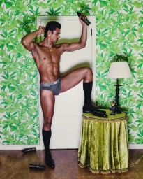Man wearing grey briefs and black socks posing against a green patterned wallpaper and a white door for Willy Chavarria.