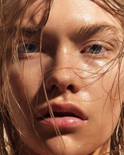 Close-up portrait of a young woman with wet blonde hair and glistening skin, gazing directly at the camera with a serious expression.
