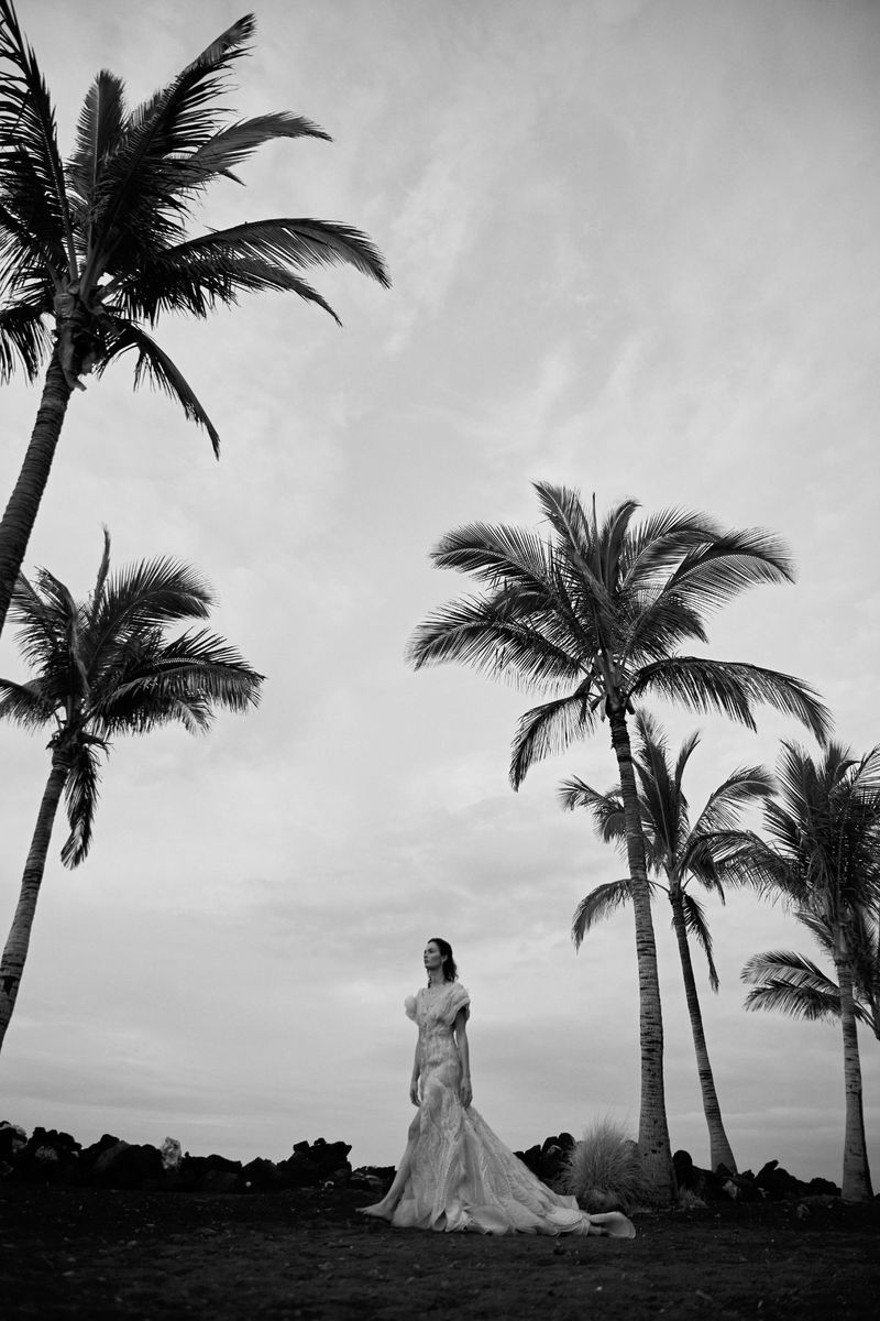 Model wearing a flowing gown standing outdoors beneath tall palm trees in a monochrome fashion portrait captured by Sylve Colless.