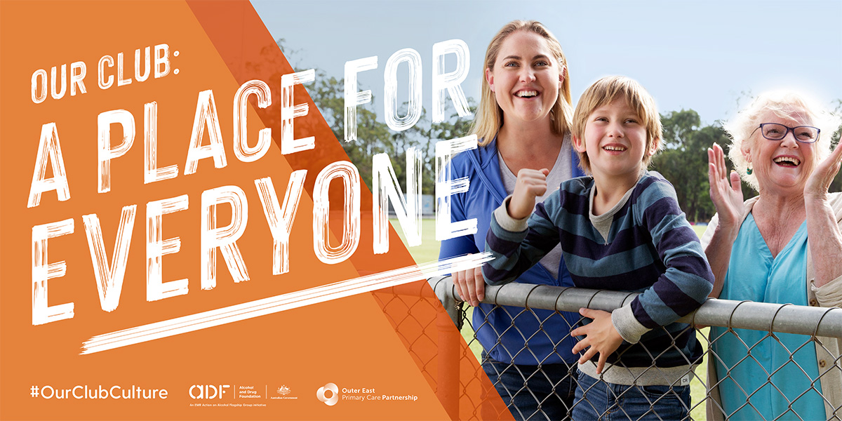 Smiling woman, boy, and elderly woman pose outdoors behind a fence, alongside text advertising community inclusion with an orange background.
