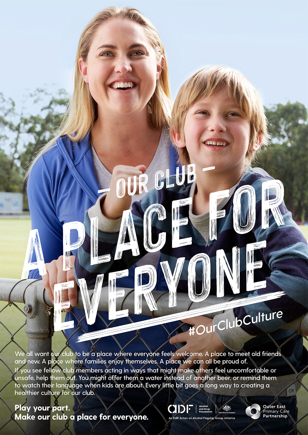 Smiling blonde woman and boy in advertisement for inclusive community organization, promoting healthy social culture and family values.