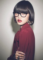 Model wearing dark eyeglasses and a burgundy blouse against a neutral white background