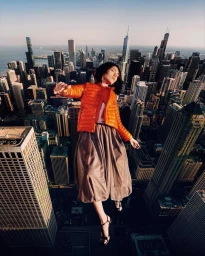Model wearing an orange puffer jacket and a long skirt floating high above a dense city skyline