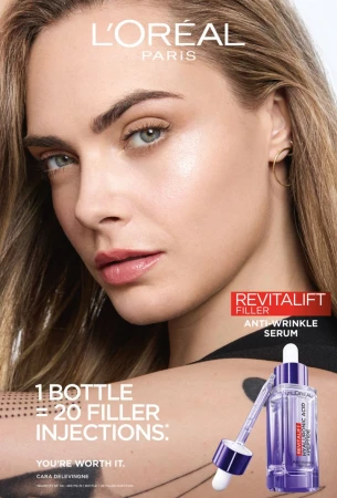 Beauty advertisement for L'Oréal Revitalift anti-wrinkle serum featuring Cara Delevingne, product shot, and promotional text on a light background.