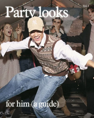 Group of young adults pose in casual party outfits for fashion editorial; man wears patterned vest, jeans, and baseball cap.